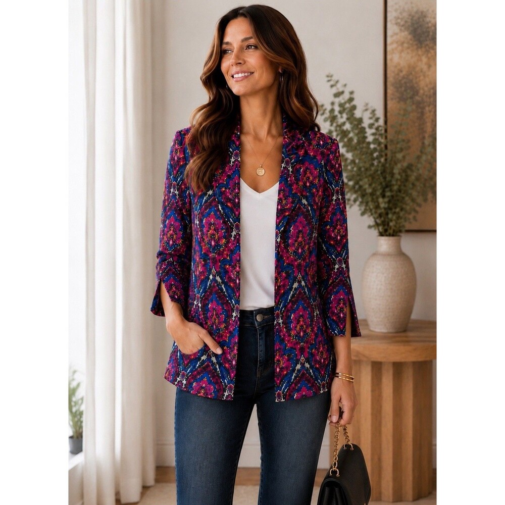 A La Carte Women’s M Boho Abstract Print Open Front Jacket Lightweight Blazer